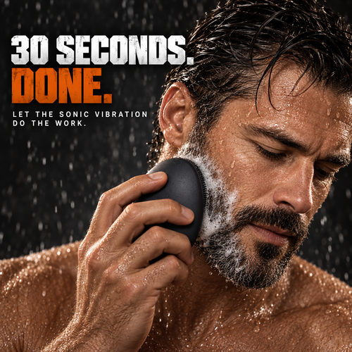 Man washing his face with the Sudsmith Scrub pressed against his lathered beard, headline reads 30 seconds. Done.